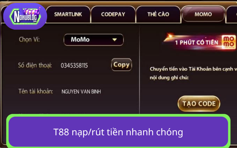 Giao diện nạp tiền dễ dàng sử dụng của T88